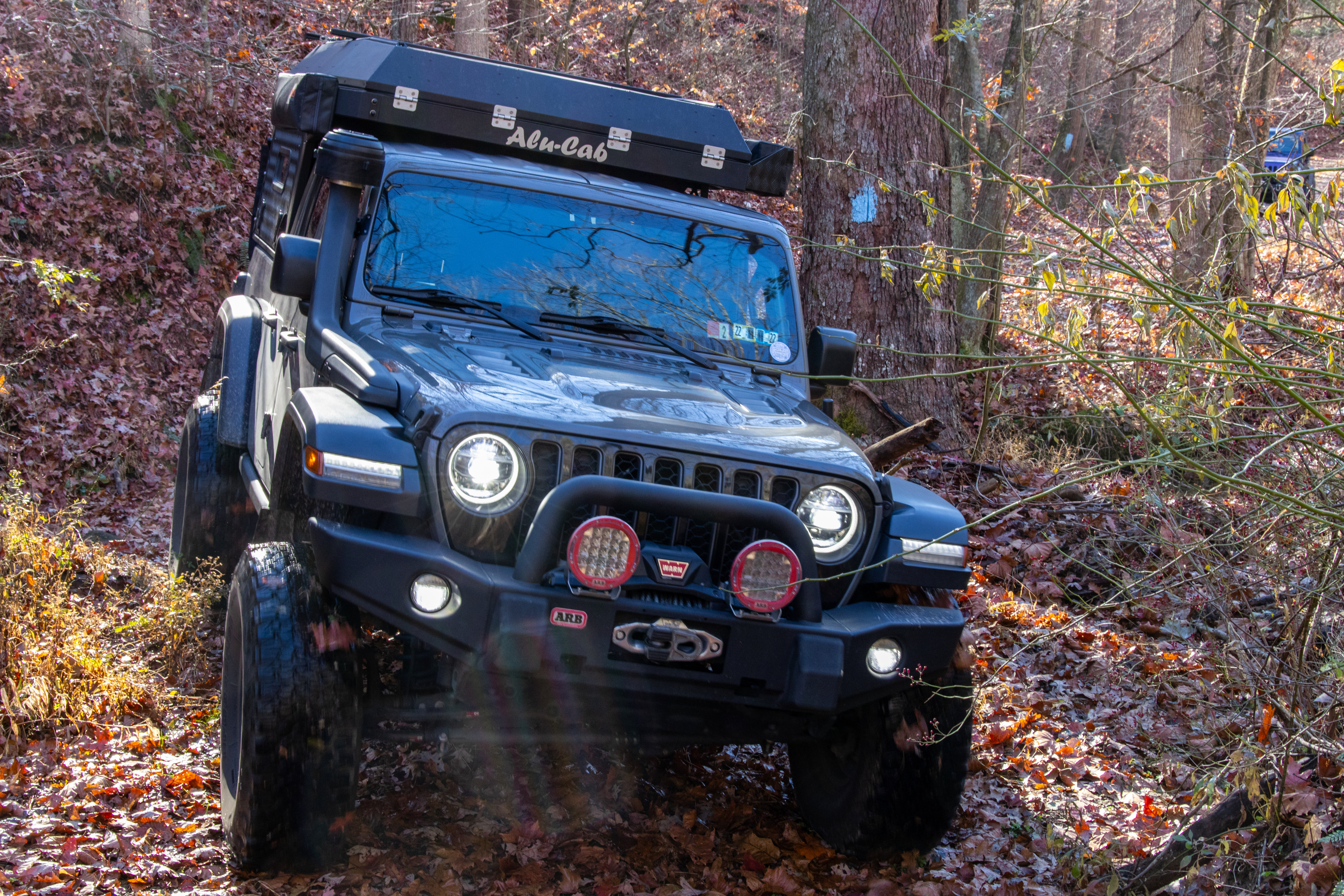 Jeep Gladiator traveling through a sunlit autumn forest