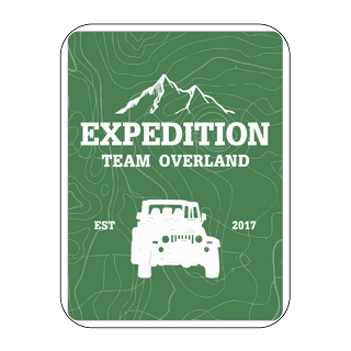 Expedition Team Overland badge logo featuring a mountain range and Jeep line art on a green topographic field